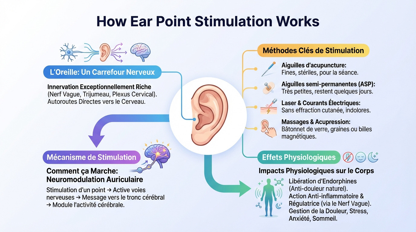 Schéma explicatif de la stimulation des points réflexes en auriculothérapie