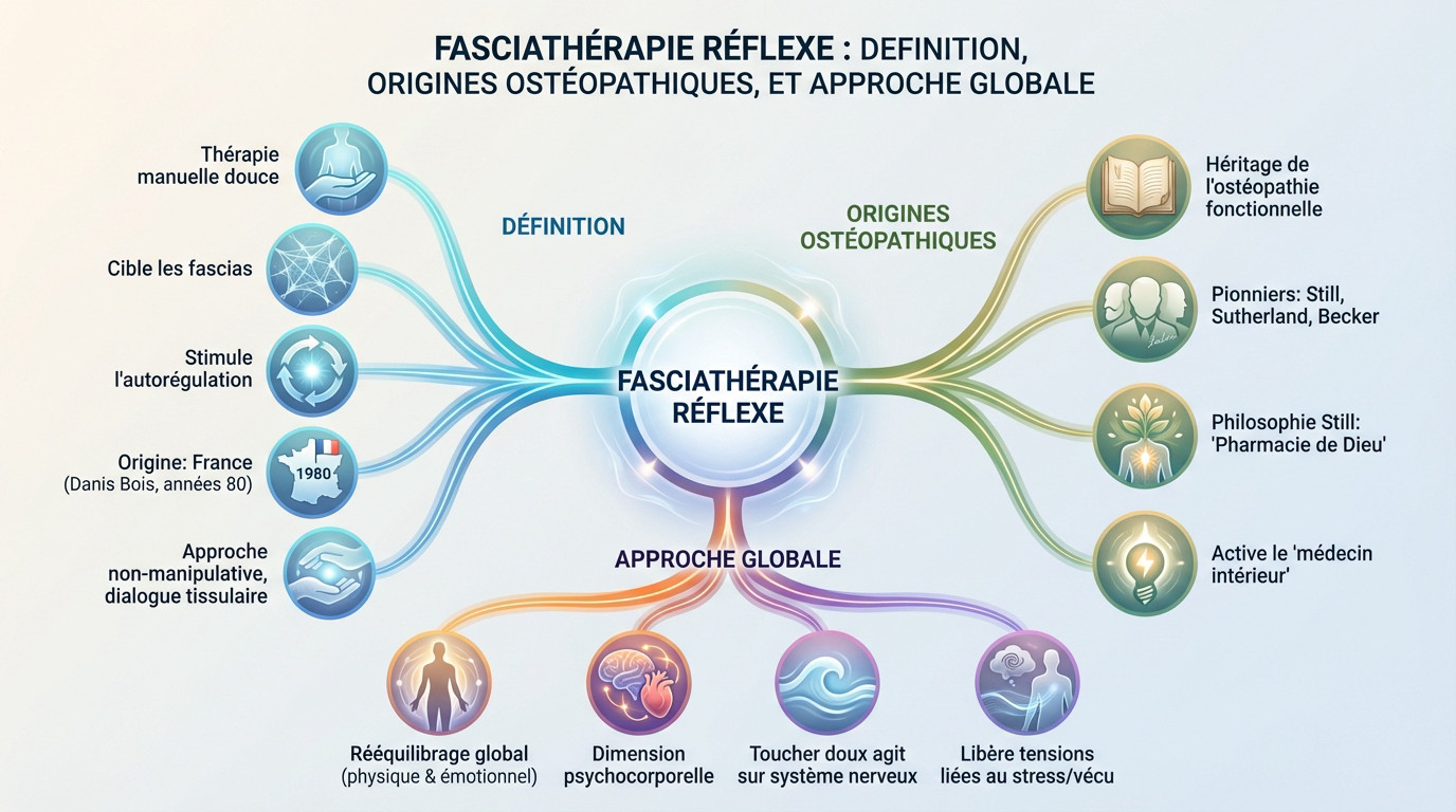 Schéma anatomique illustrant le réseau des fascias et le principe de globalité en fasciathérapie réflexe