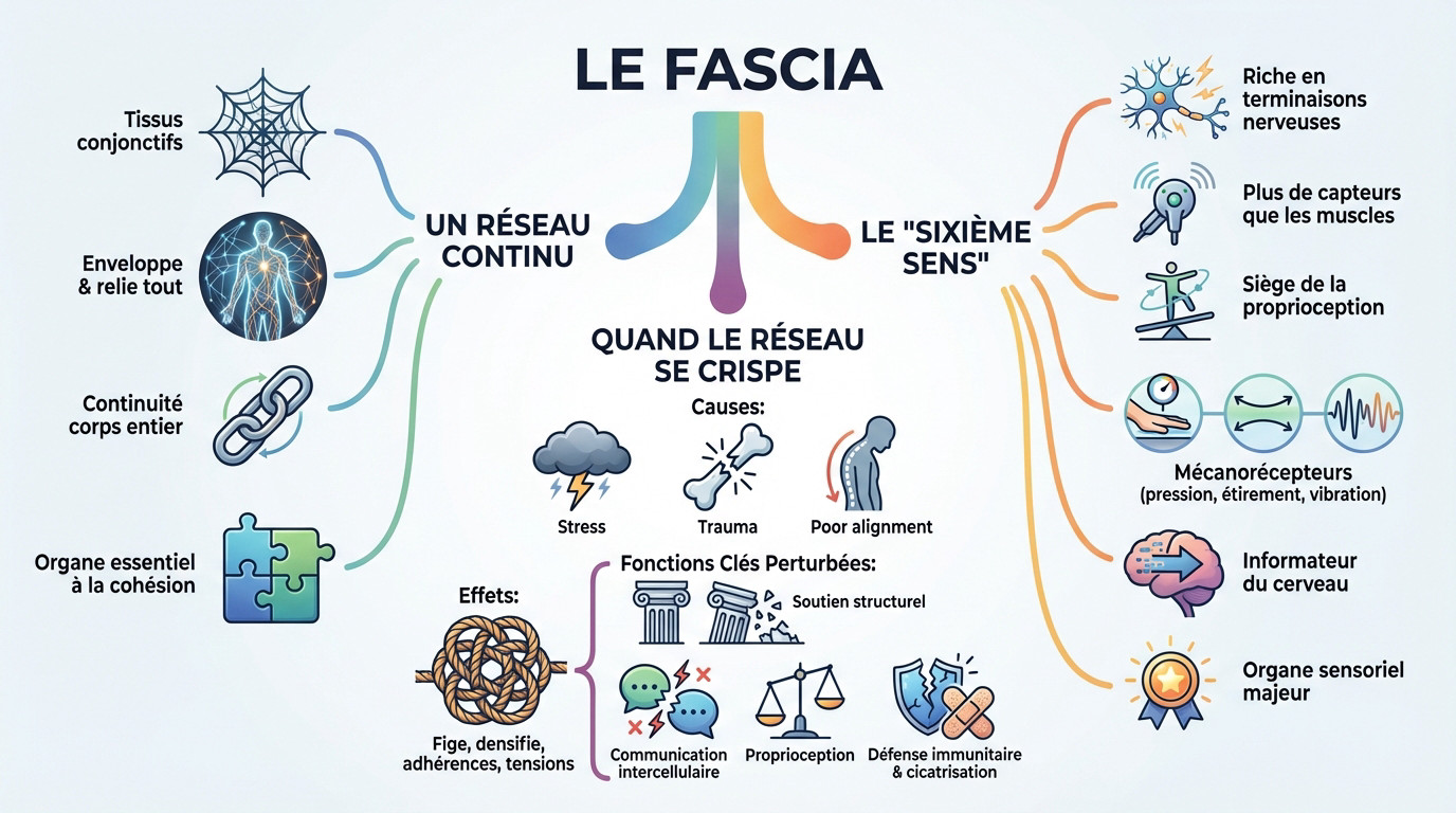 Schéma anatomique illustrant le réseau des fascias, véritable sixième sens du corps humain, et ses zones de crispation potentielles