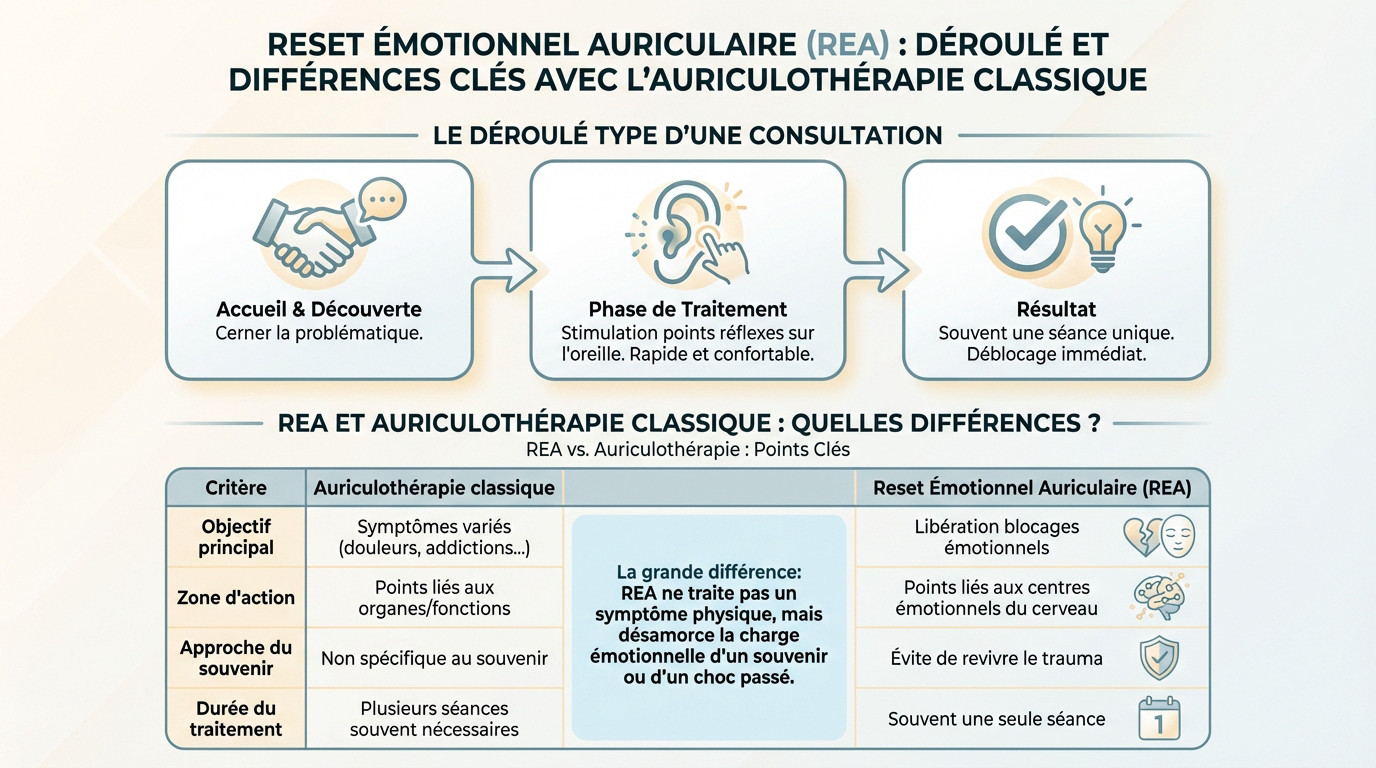 Comparaison entre le déroulement d'une séance de REA et l'auriculothérapie classique