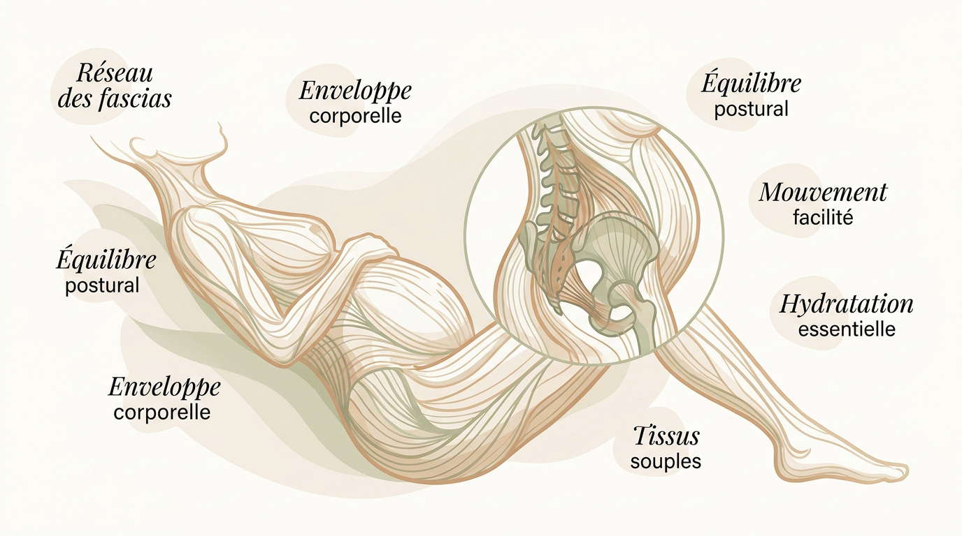 Représentation du réseau des fascias entourant le corps d'une femme enceinte pour le soutien postural