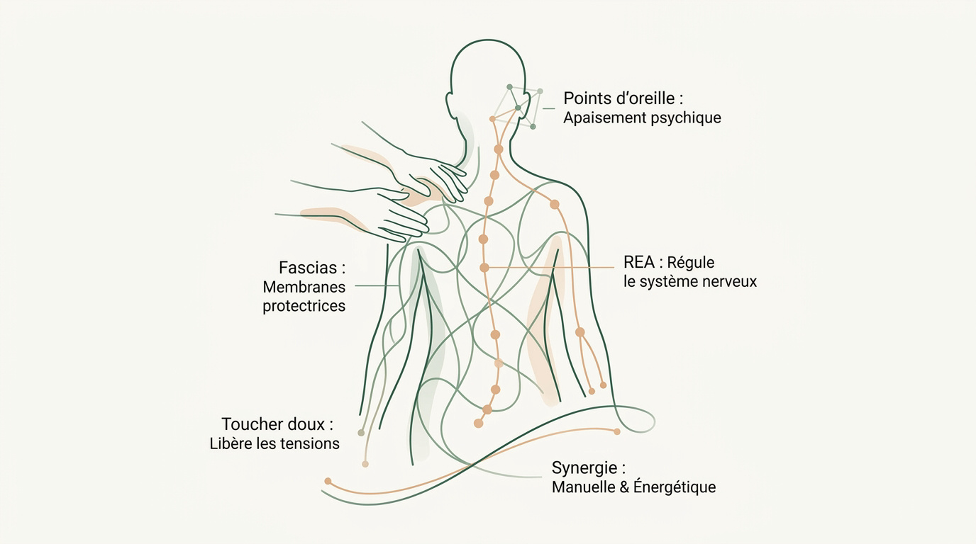 Infographie expliquant les bienfaits de la fasciathérapie et du Reset Émotionnel Auriculaire pour la santé