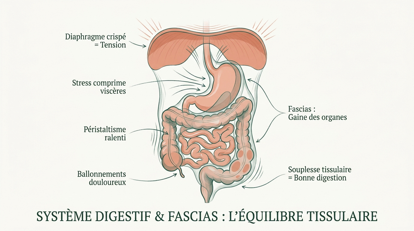 Schéma des fascias abdominaux et du système digestif sous tension