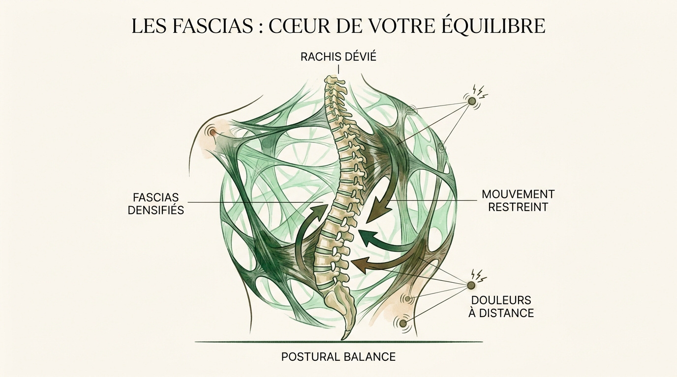 Illustration des fascias et de l'équilibre postural du dos